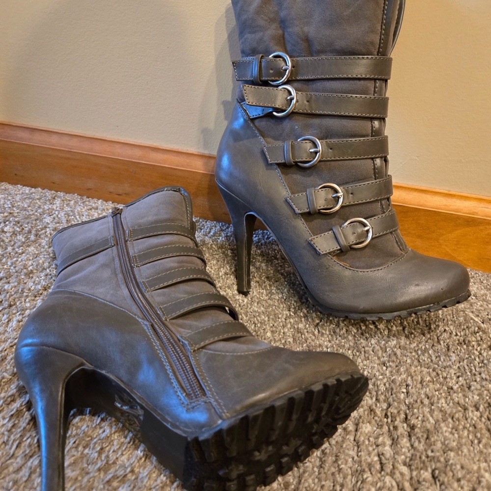 Gray Heeled Boots with High Stiletto Heel and Decorative Buckles